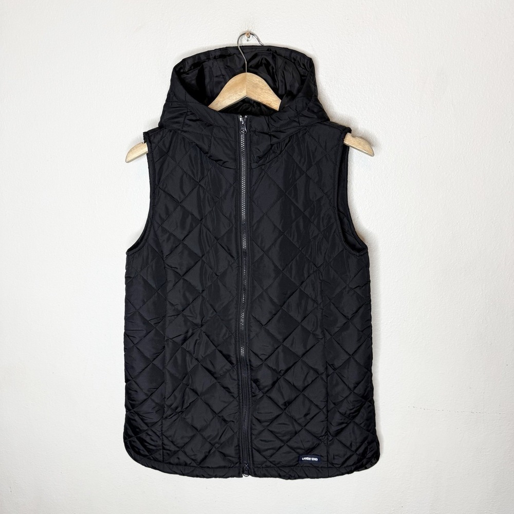 Lands End Black Diamond Quilted Black‎ Hooded Full Zip Front Vest Women's Small